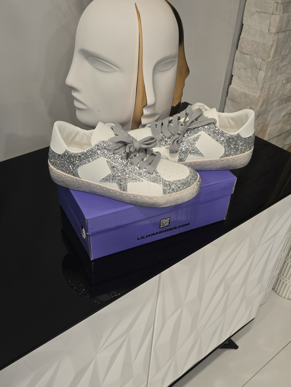 Liliana White Sneakers with Silver Glitter Star Accents